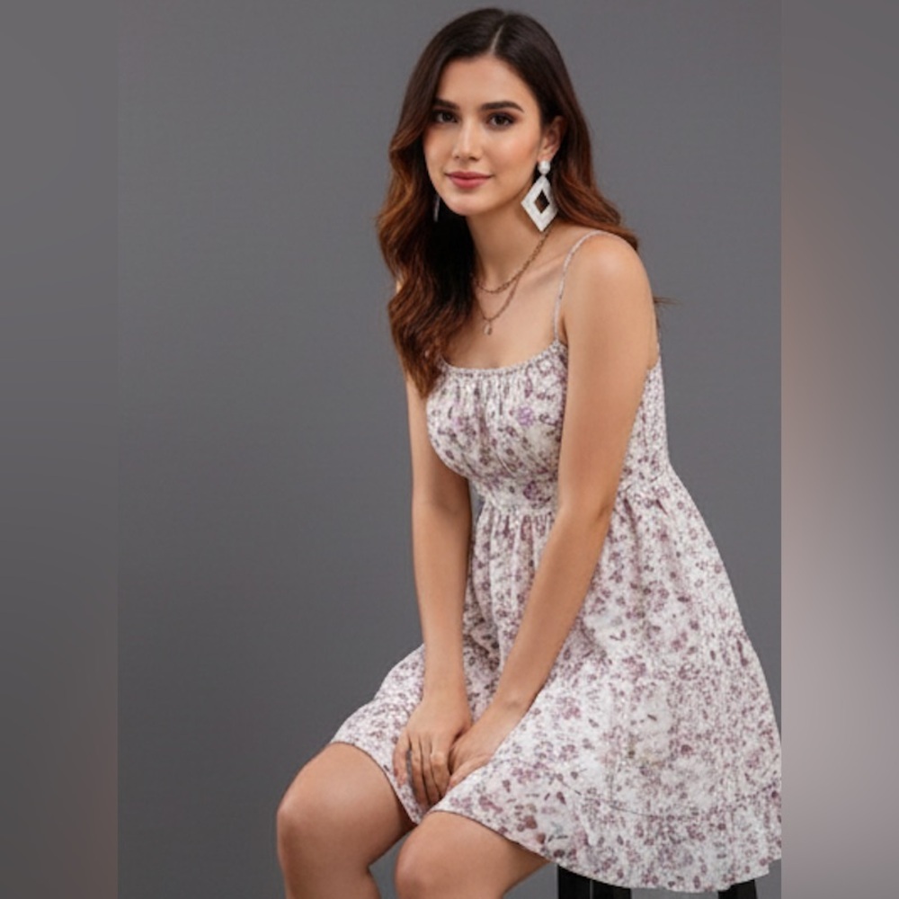 Mini Floral Print Ruffle Hem  A-Line Cami Dress - Picture 3 of 6